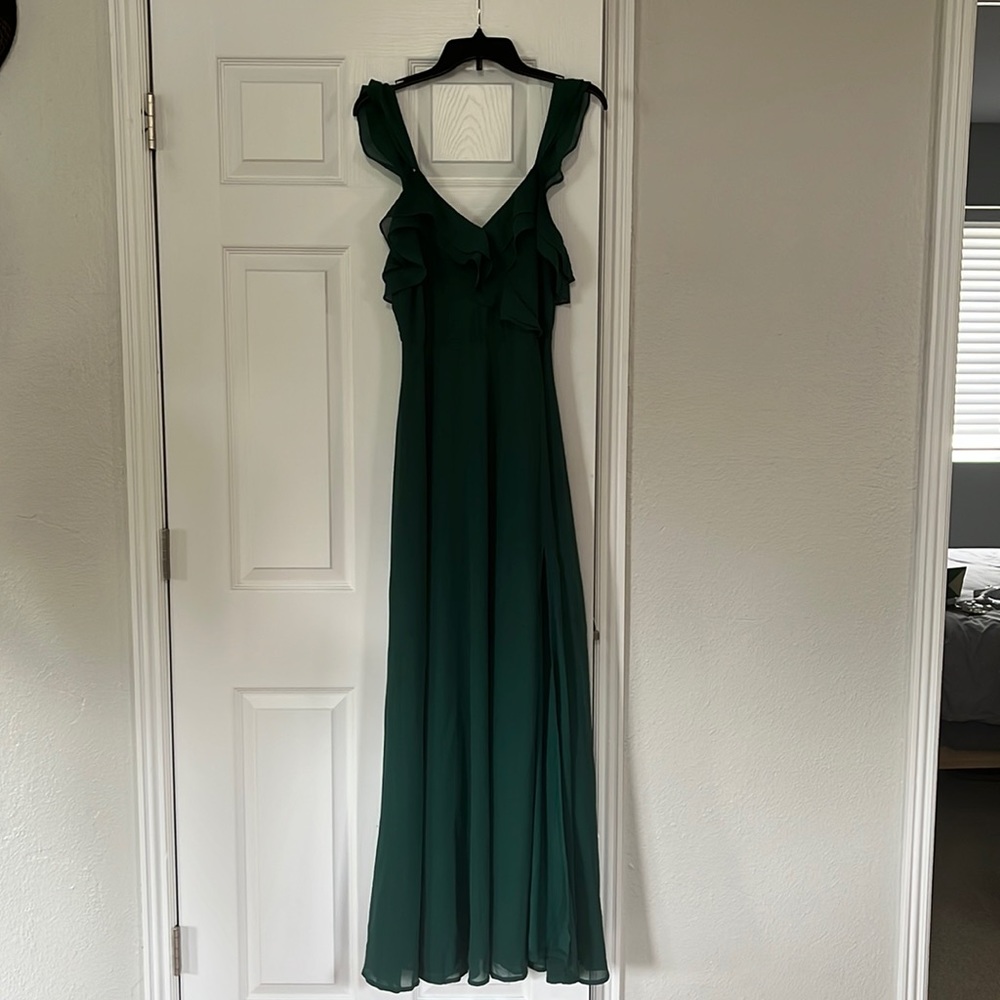 Lulus bridesmaid dress, adorning glances, emerald ruffled maxi dress